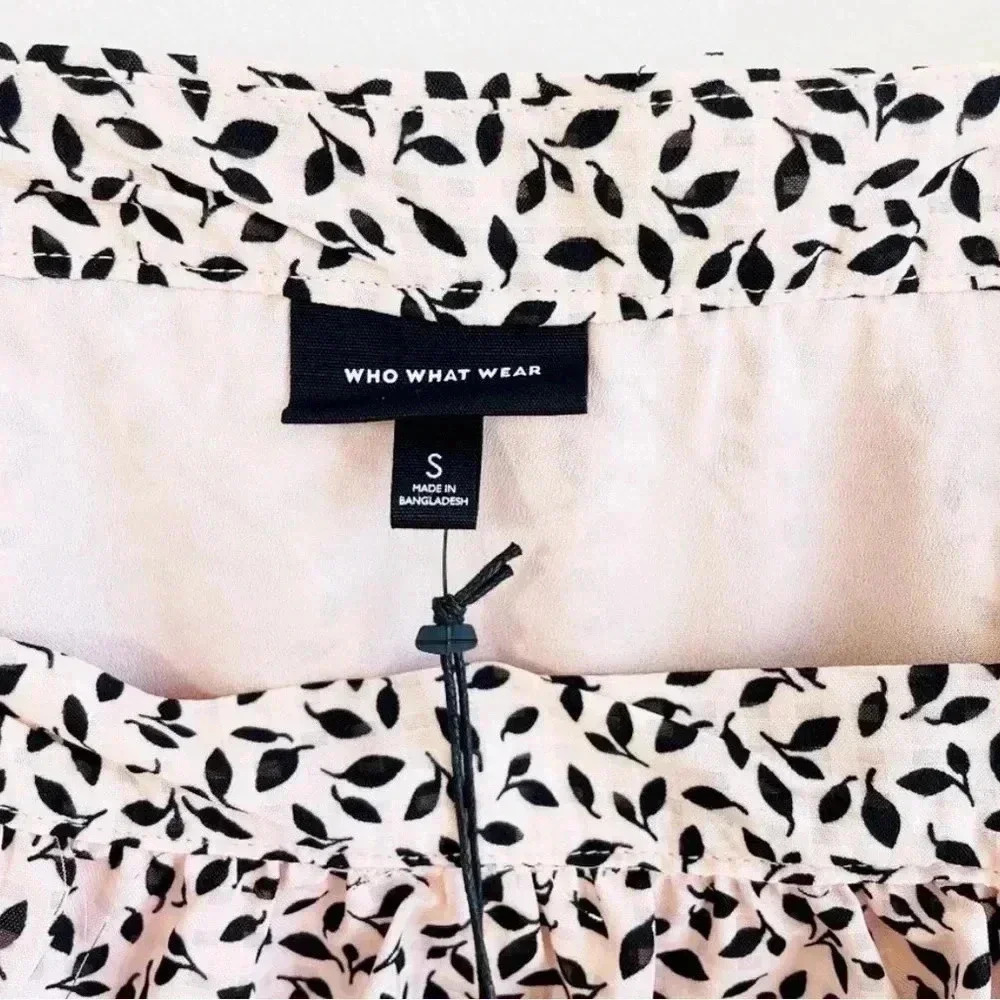 Who What Wear Mini Bishop Dress NWT Size Small Light Baby Pink Black Leaf Print - Picture 3 of 10